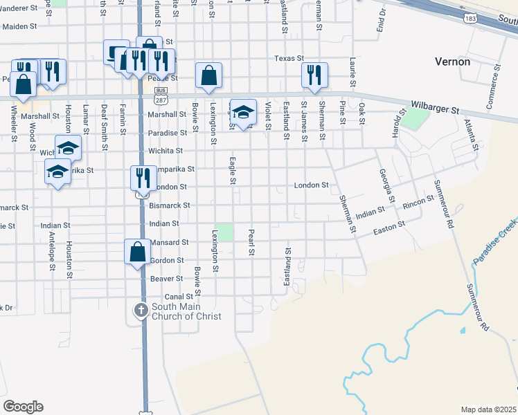 map of restaurants, bars, coffee shops, grocery stores, and more near 2401 Pearl Street in Vernon
