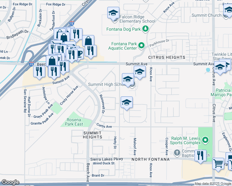map of restaurants, bars, coffee shops, grocery stores, and more near 15477 Hoover Lane in Fontana