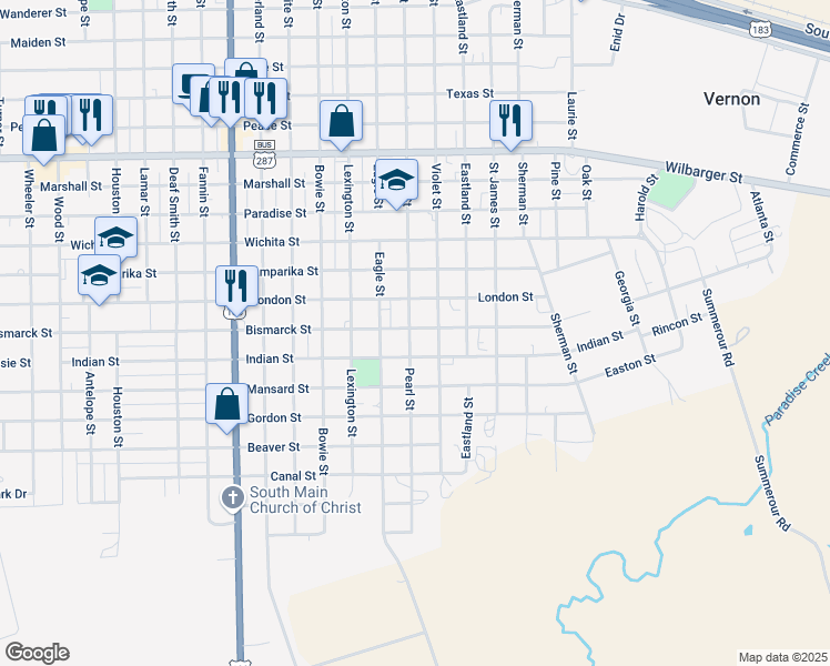 map of restaurants, bars, coffee shops, grocery stores, and more near 2401 Pearl Street in Vernon