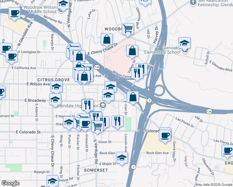 map of restaurants, bars, coffee shops, grocery stores, and more near 1534 East Wilson Avenue in Glendale