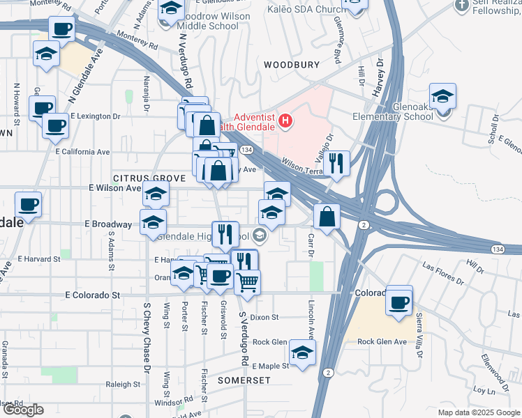 map of restaurants, bars, coffee shops, grocery stores, and more near 134 Lukens Place in Glendale