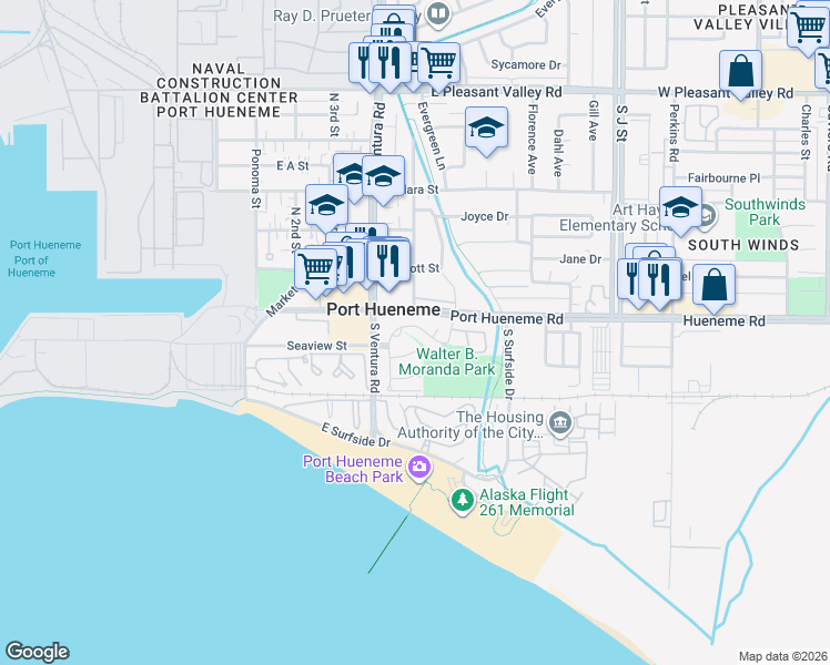 map of restaurants, bars, coffee shops, grocery stores, and more near in Port Hueneme