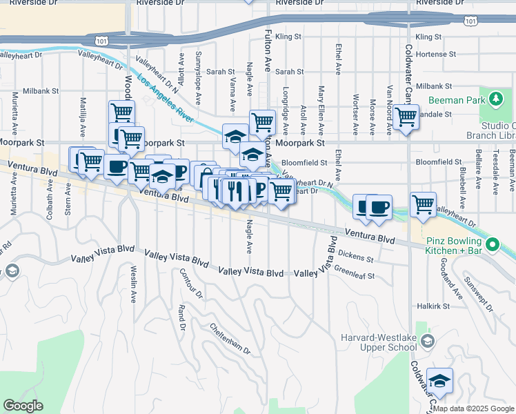 map of restaurants, bars, coffee shops, grocery stores, and more near 13312 Woodbridge Street in Los Angeles