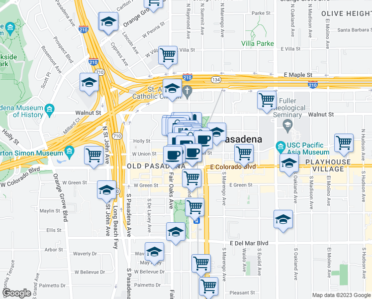 map of restaurants, bars, coffee shops, grocery stores, and more near 93 North Raymond Avenue in Pasadena