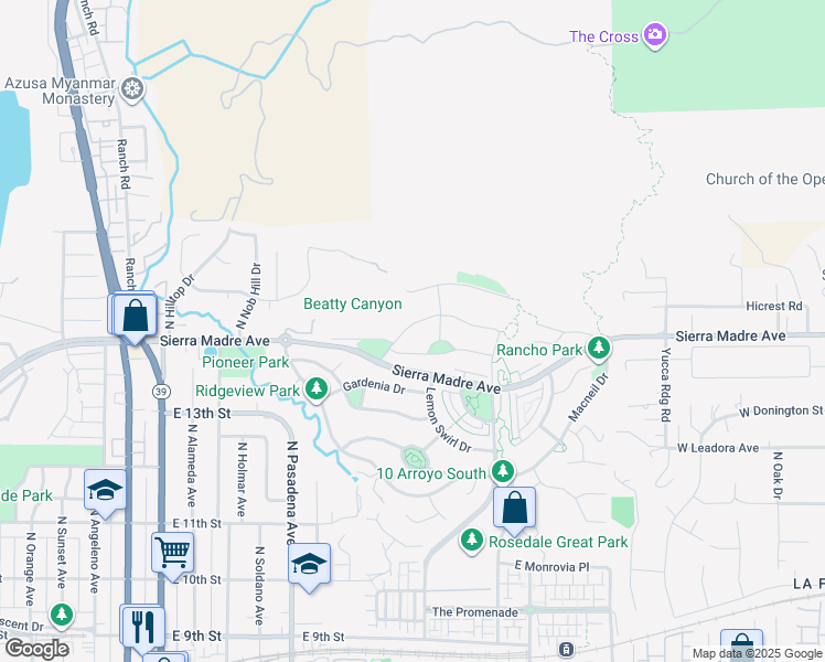map of restaurants, bars, coffee shops, grocery stores, and more near 622 Orange Blossom Way in Azusa