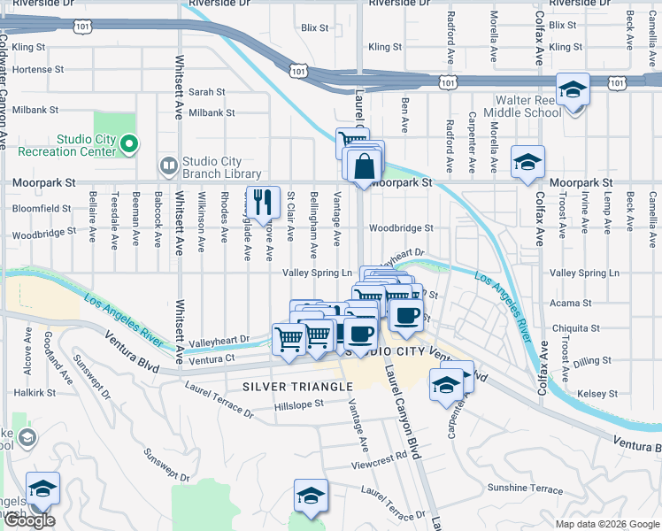 map of restaurants, bars, coffee shops, grocery stores, and more near 4209 Vantage Avenue in Los Angeles