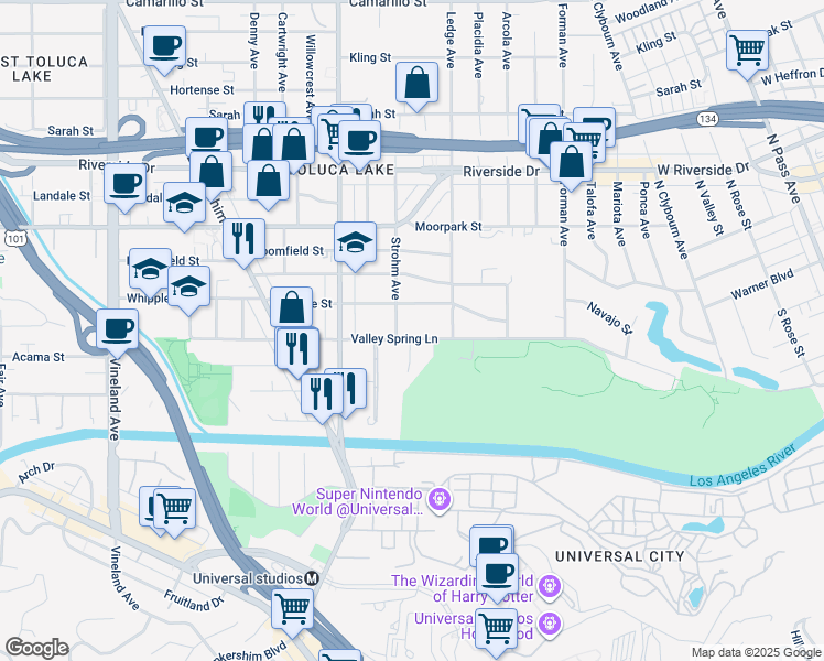 map of restaurants, bars, coffee shops, grocery stores, and more near 10445 Valley Spring Lane in Los Angeles