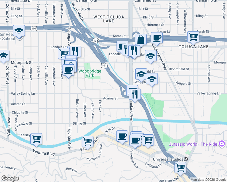 map of restaurants, bars, coffee shops, grocery stores, and more near 11122 Valley Spring Lane in Los Angeles