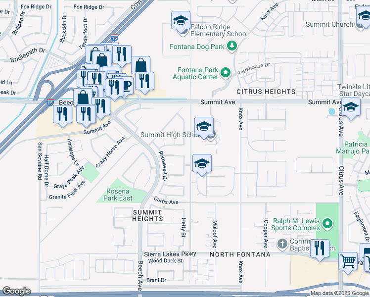 map of restaurants, bars, coffee shops, grocery stores, and more near 15477 Hoover Lane in Fontana