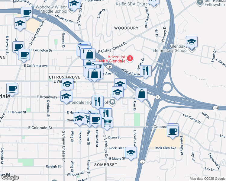 map of restaurants, bars, coffee shops, grocery stores, and more near 121 Sinclair Avenue in Glendale