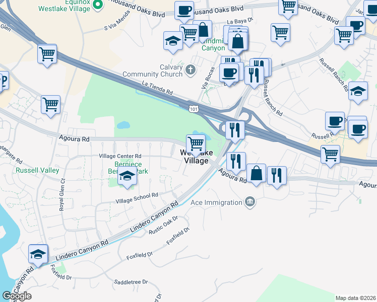 map of restaurants, bars, coffee shops, grocery stores, and more near 4528 Guildhall Court in Westlake Village
