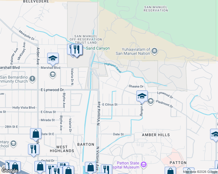 map of restaurants, bars, coffee shops, grocery stores, and more near 2855 Piedmont Drive in Highland