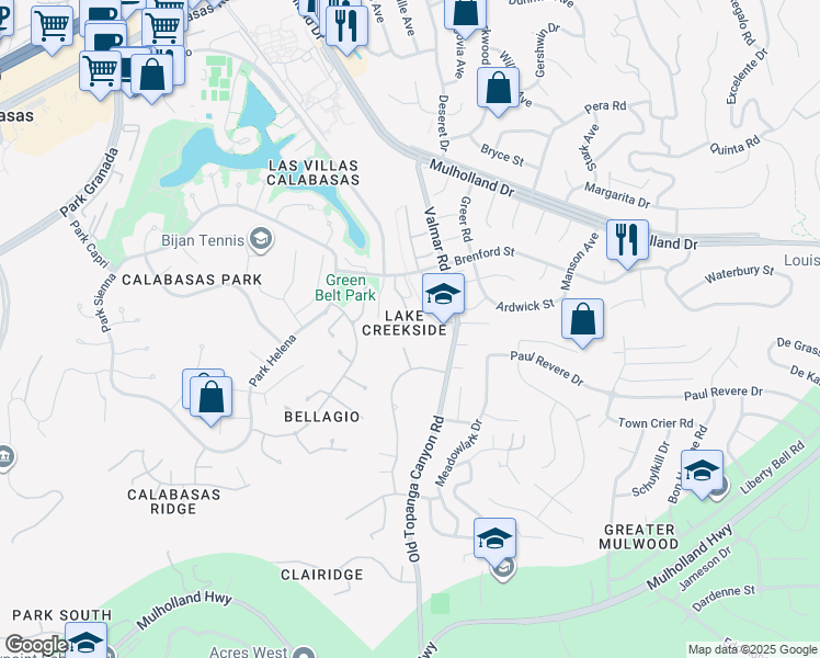 map of restaurants, bars, coffee shops, grocery stores, and more near 23024 Park Veneto in Calabasas