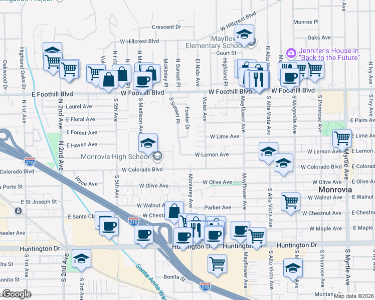 map of restaurants, bars, coffee shops, grocery stores, and more near 735 West Lemon Avenue in Monrovia