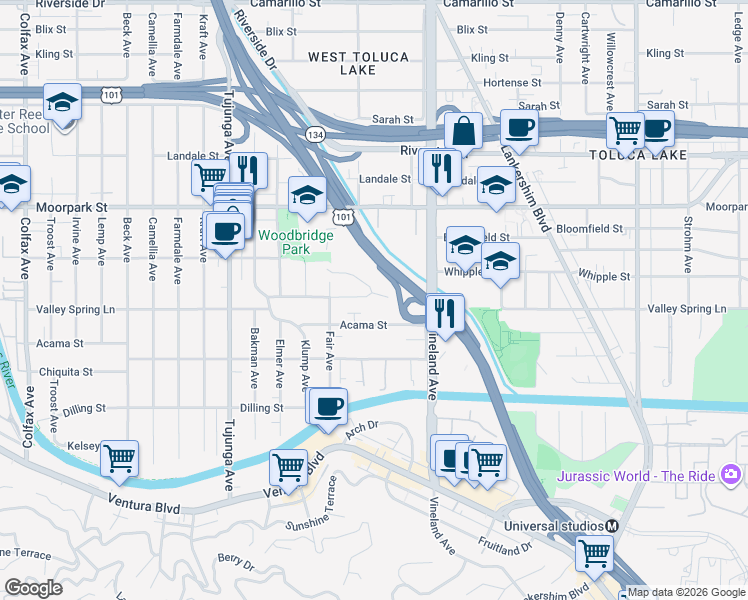 map of restaurants, bars, coffee shops, grocery stores, and more near 11122 Valley Spring Lane in Los Angeles