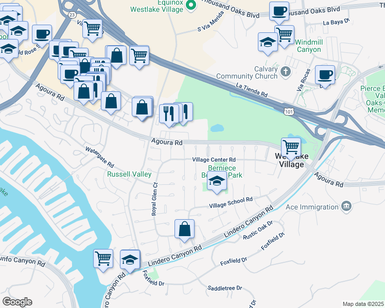 map of restaurants, bars, coffee shops, grocery stores, and more near 4524 Beaconsfield Court in Westlake Village