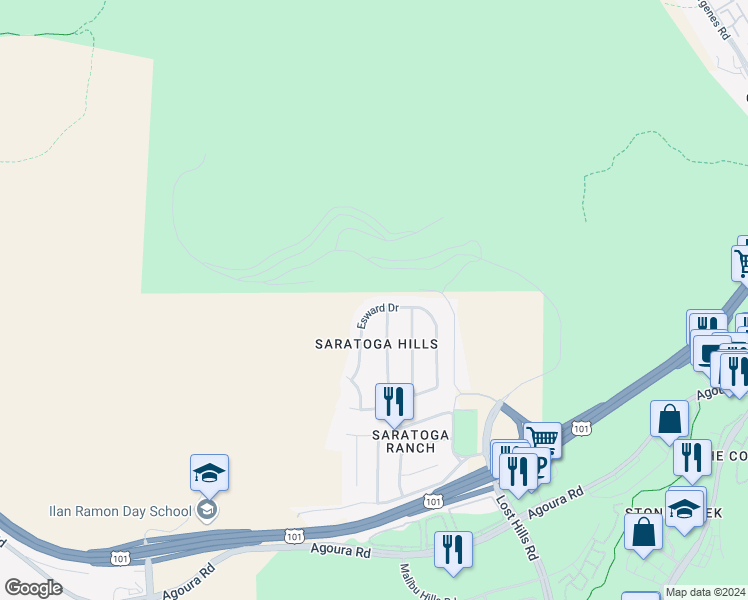 map of restaurants, bars, coffee shops, grocery stores, and more near 27045 Esward Drive in Calabasas