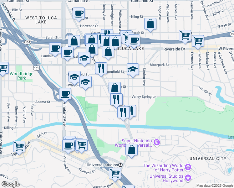 map of restaurants, bars, coffee shops, grocery stores, and more near 10645 Valley Spring Lane in Los Angeles
