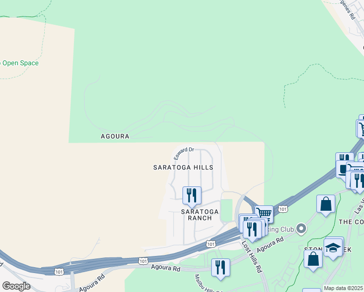 map of restaurants, bars, coffee shops, grocery stores, and more near 27045 Esward Drive in Calabasas