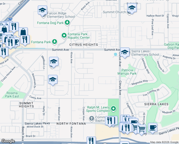 map of restaurants, bars, coffee shops, grocery stores, and more near 15849 Snowy Peak Lane in Fontana