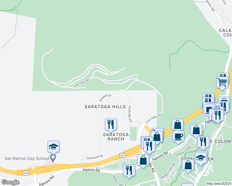 map of restaurants, bars, coffee shops, grocery stores, and more near 27005 Esward Drive in Agoura Hills