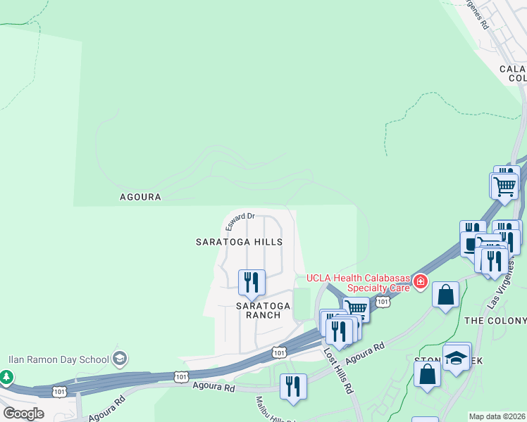 map of restaurants, bars, coffee shops, grocery stores, and more near 27005 Esward Drive in Agoura Hills