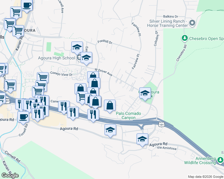map of restaurants, bars, coffee shops, grocery stores, and more near 5416 Lewis Road in Agoura Hills