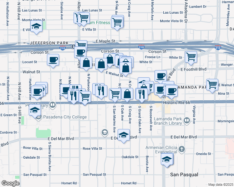 map of restaurants, bars, coffee shops, grocery stores, and more near 53 North Oak Avenue in Pasadena