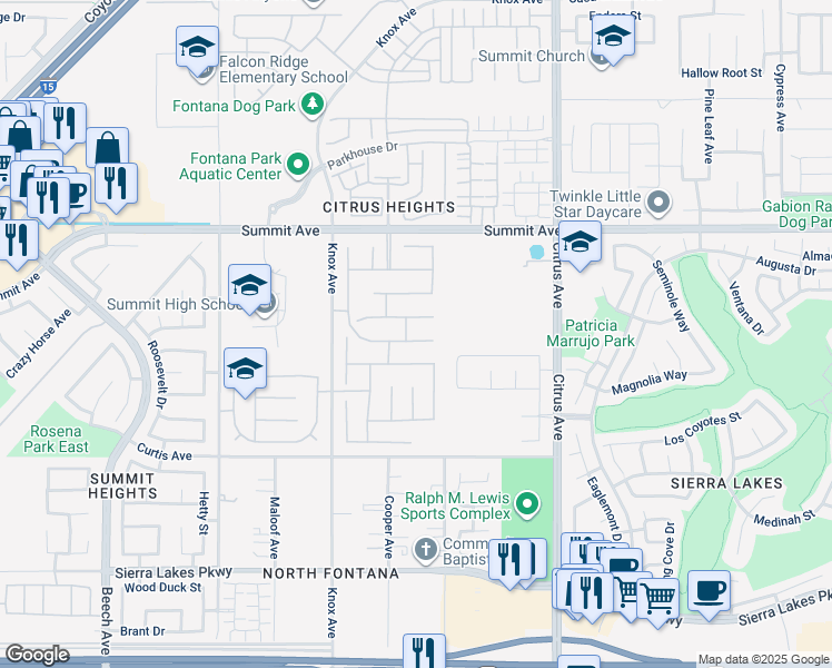 map of restaurants, bars, coffee shops, grocery stores, and more near 15848 Rock Point Lane in Fontana