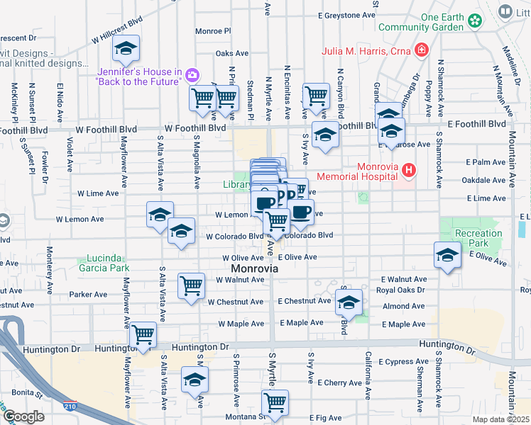 map of restaurants, bars, coffee shops, grocery stores, and more near 116 West Lime Avenue in Monrovia