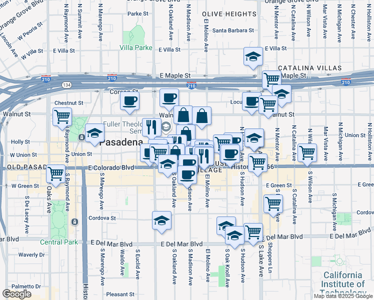 map of restaurants, bars, coffee shops, grocery stores, and more near in Pasadena