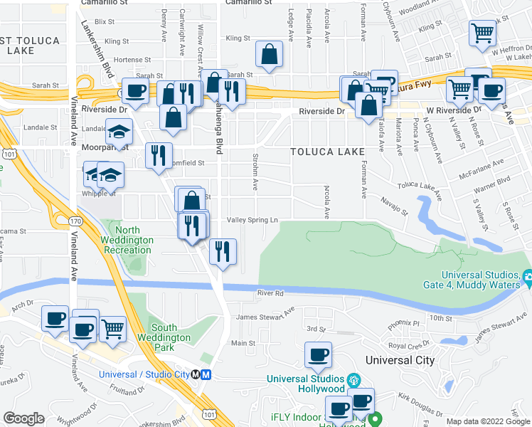 map of restaurants, bars, coffee shops, grocery stores, and more near 10445 Valley Spring Lane in Los Angeles