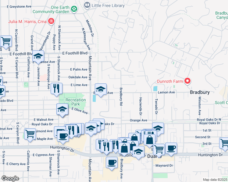 map of restaurants, bars, coffee shops, grocery stores, and more near 1021 East Lemon Avenue in Monrovia