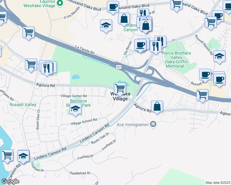 map of restaurants, bars, coffee shops, grocery stores, and more near 4528 Guildhall Court in Westlake Village