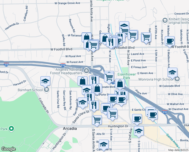 map of restaurants, bars, coffee shops, grocery stores, and more near 610 North Santa Anita Avenue in Arcadia