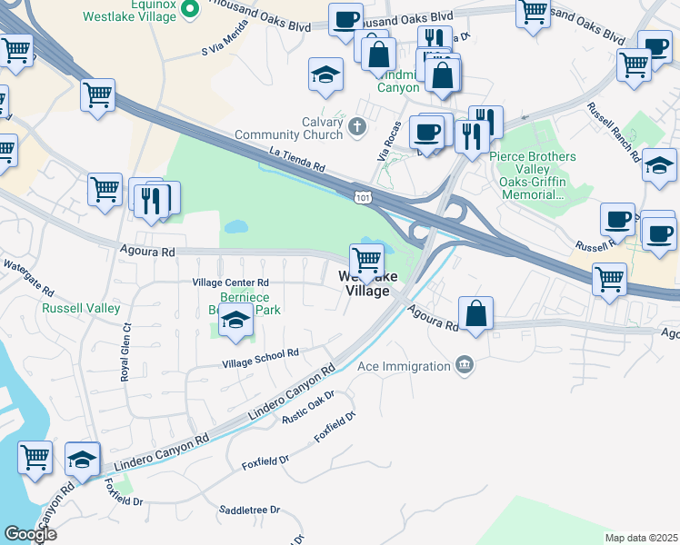 map of restaurants, bars, coffee shops, grocery stores, and more near 4530 Knightsgate Road in Westlake Village