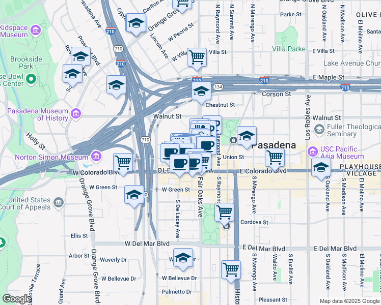 map of restaurants, bars, coffee shops, grocery stores, and more near 164N South De Lacey Avenue in Pasadena