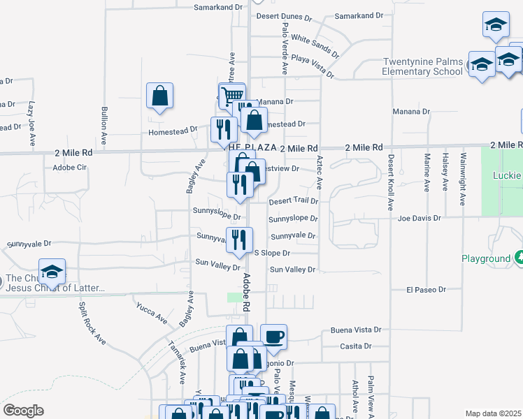 map of restaurants, bars, coffee shops, grocery stores, and more near 5834 Desert Trail in Twentynine Palms