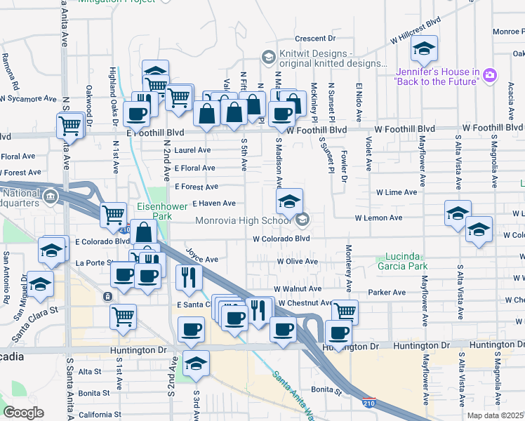 map of restaurants, bars, coffee shops, grocery stores, and more near 337 South Lincoln Place in Monrovia