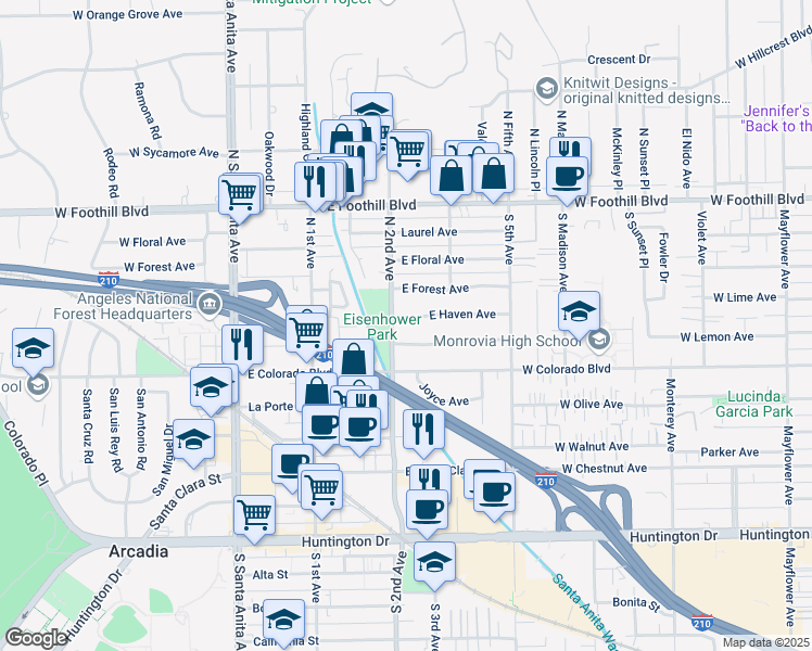 map of restaurants, bars, coffee shops, grocery stores, and more near 219 East Haven Avenue in Arcadia