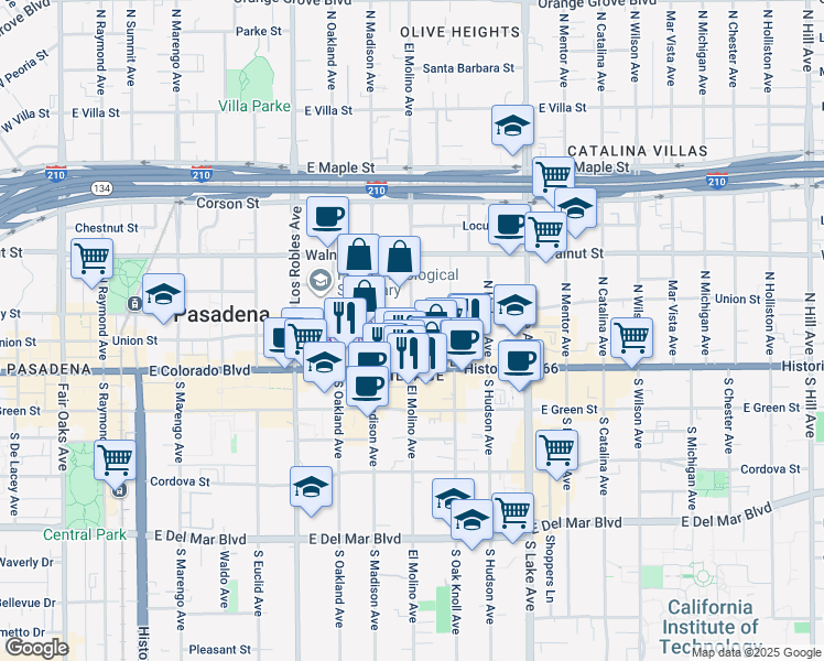 map of restaurants, bars, coffee shops, grocery stores, and more near 99 North El Molino Avenue in Pasadena