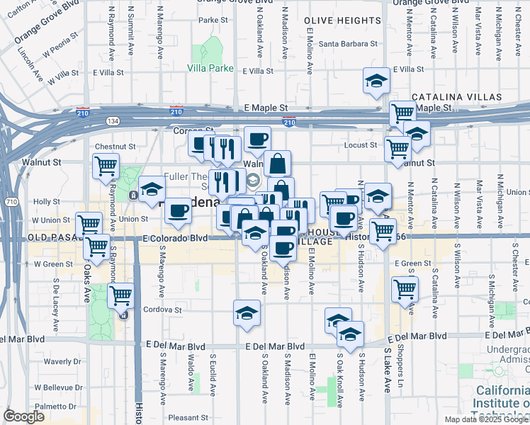 map of restaurants, bars, coffee shops, grocery stores, and more near 527 Union Street in Pasadena