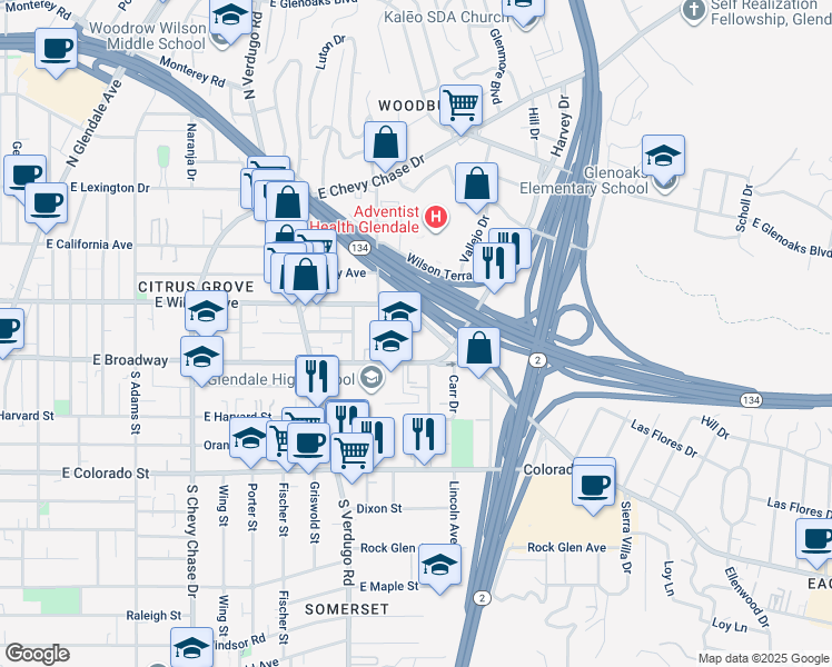 map of restaurants, bars, coffee shops, grocery stores, and more near 1502 East Wilson Avenue in Glendale