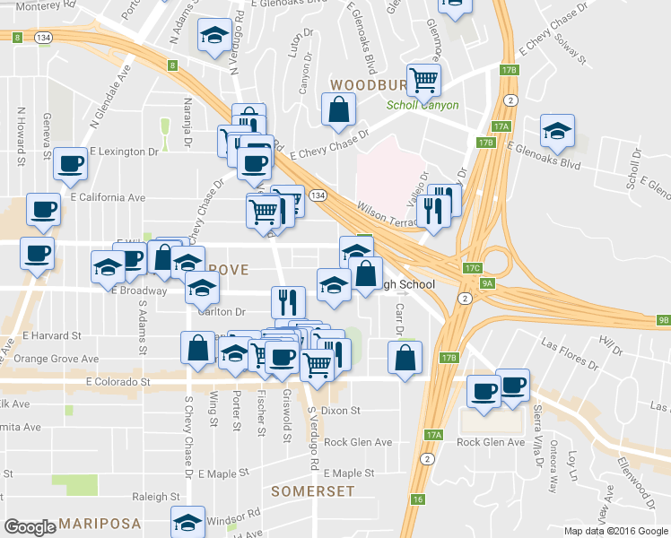 map of restaurants, bars, coffee shops, grocery stores, and more near 134 Lukens Place in Glendale
