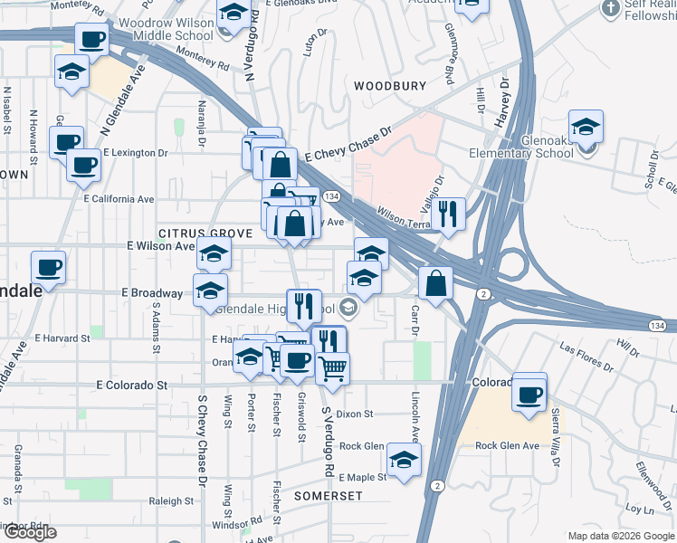 map of restaurants, bars, coffee shops, grocery stores, and more near 134 Lukens Place in Glendale