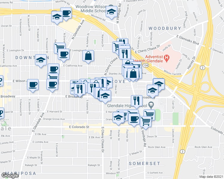 map of restaurants, bars, coffee shops, grocery stores, and more near 135 1/2 Olive Street in Glendale