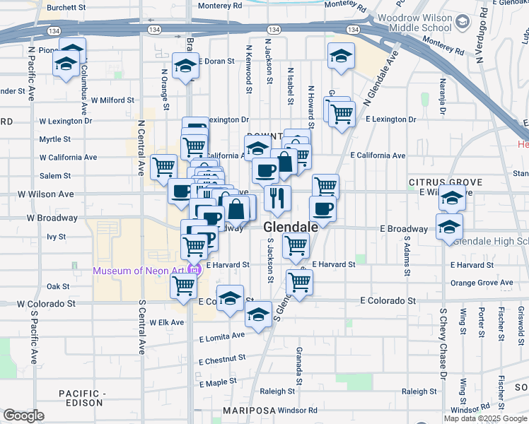 map of restaurants, bars, coffee shops, grocery stores, and more near 134 North Kenwood Street in Glendale
