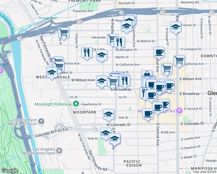 map of restaurants, bars, coffee shops, grocery stores, and more near in Glendale