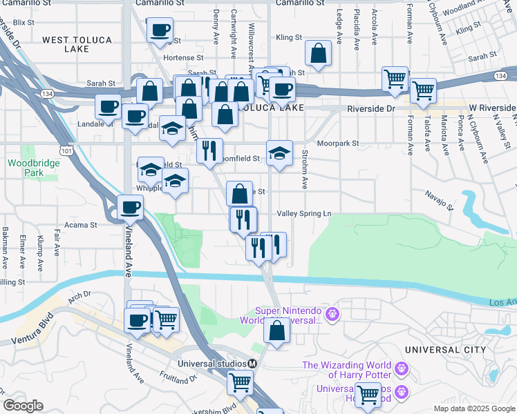 map of restaurants, bars, coffee shops, grocery stores, and more near 4259 Cahuenga Boulevard in Los Angeles