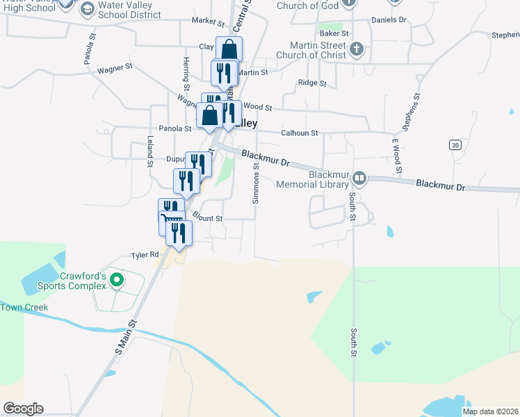 map of restaurants, bars, coffee shops, grocery stores, and more near 112 Simmons Street in Water Valley